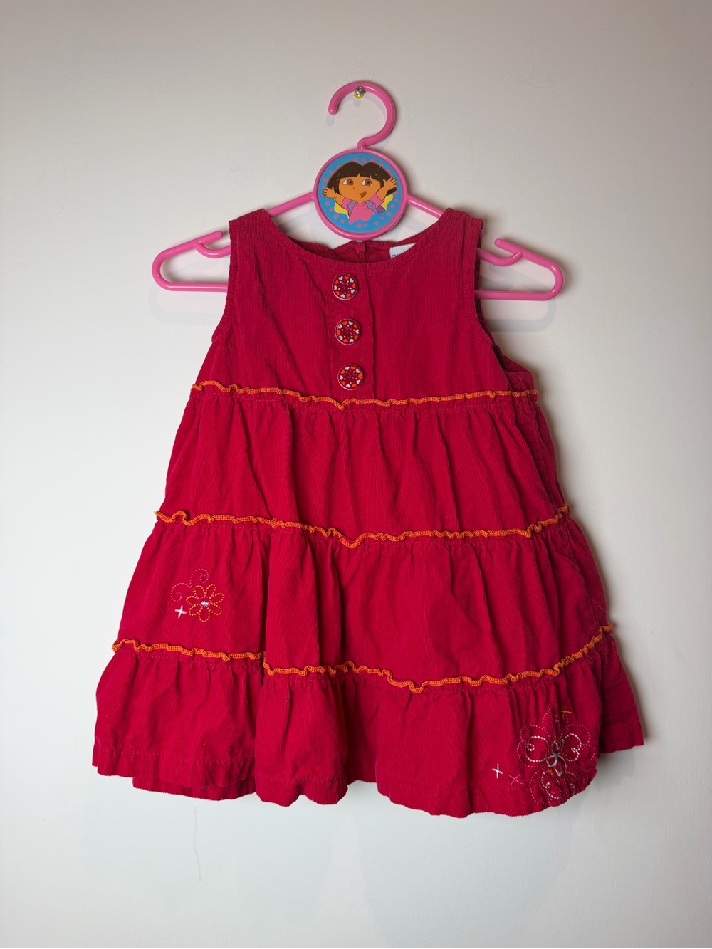 Please Mum Red Tiered Girls Dress with Embroidery & Buttons Size 2